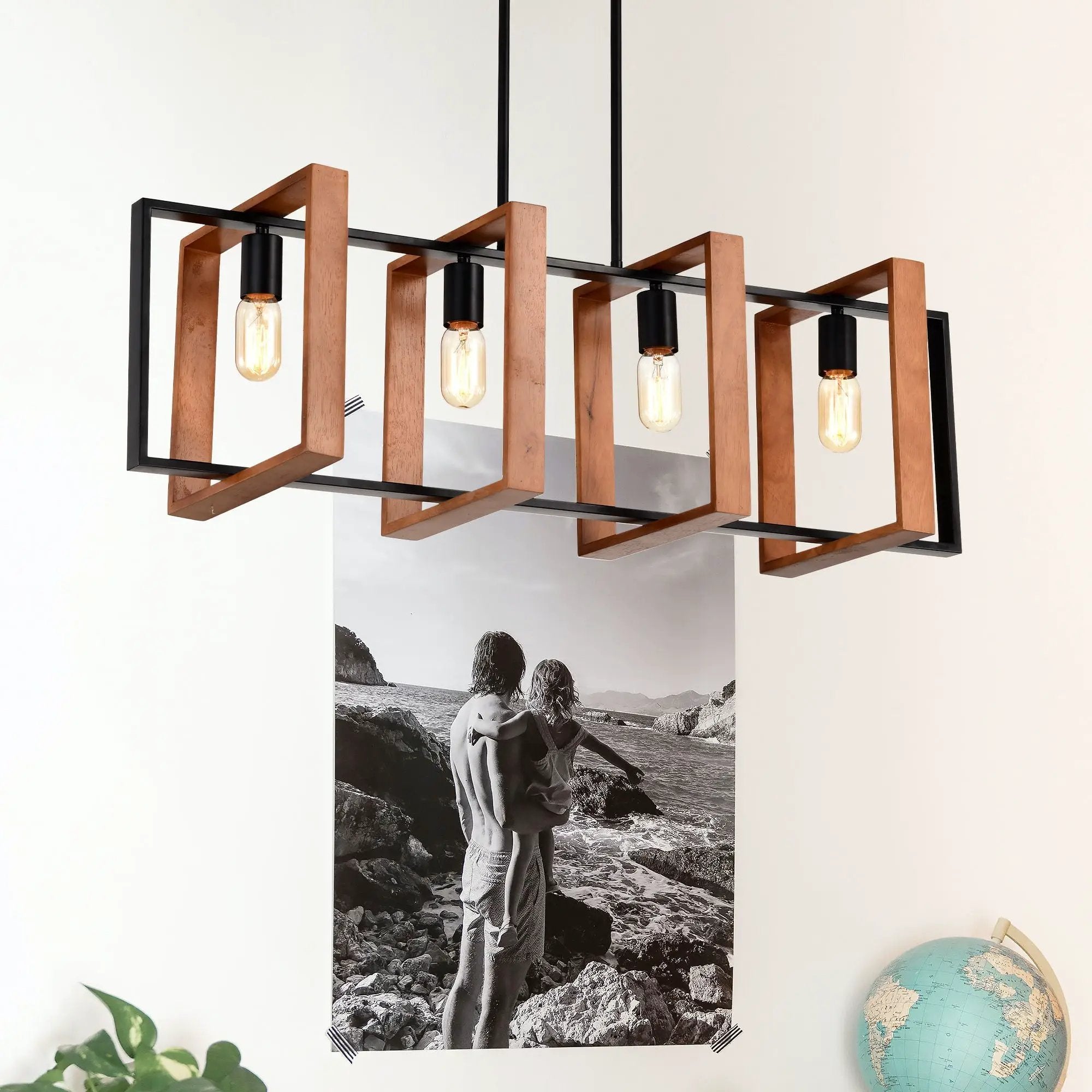 4 Light Kitchen Island Lights Pendant Light Farmhouse Dining Room Light Fixture, Rectangular Chandelier, 36" Hanging Lighting For Living Room, Conference Room, Home Office - Matte Black by Unique Piece Furniture