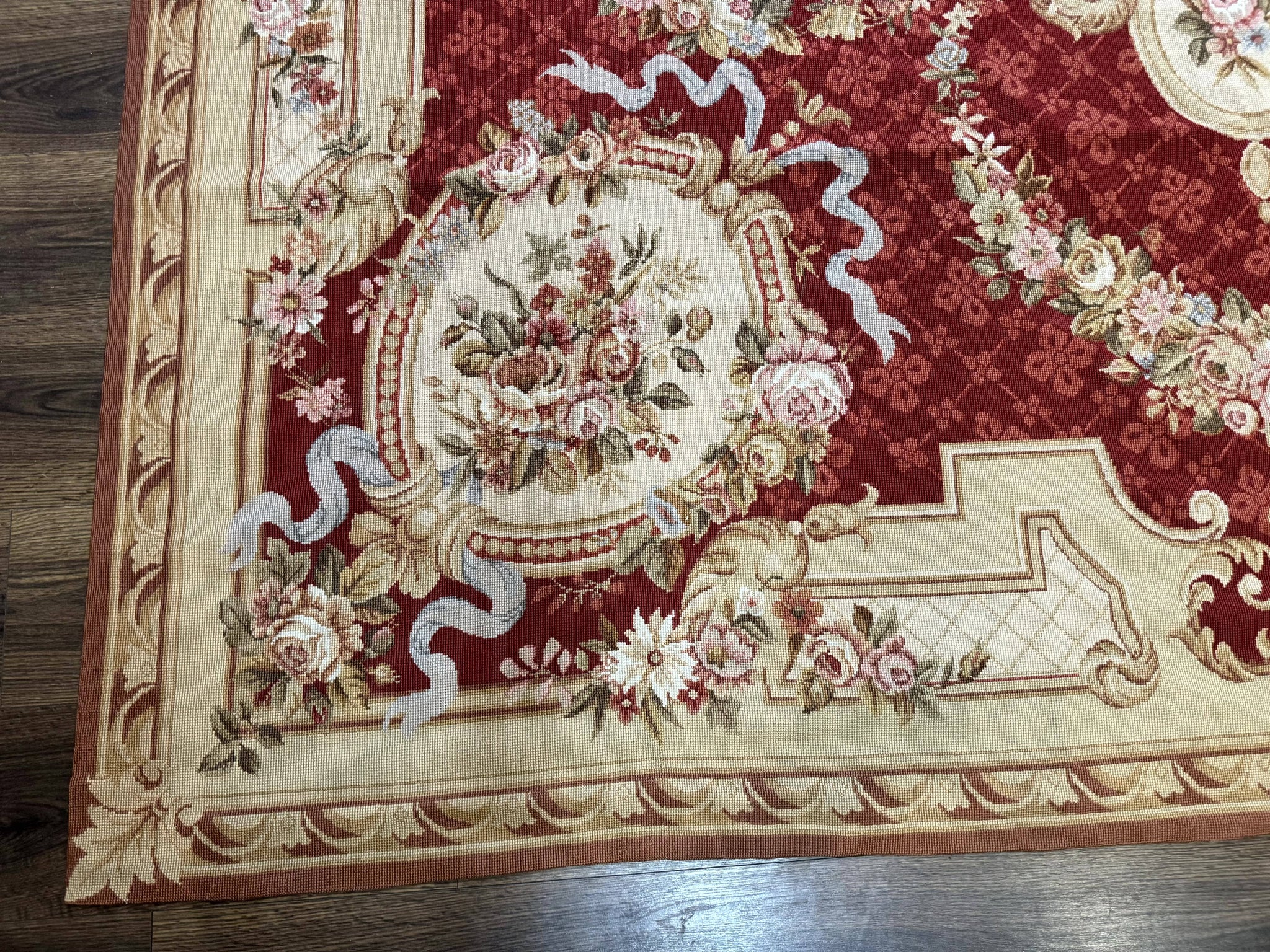 Aubusson Rug 8x11, Needlepoint Carpet, Red Ivory Beige, Vintage, French European Design by Jewel Rugs