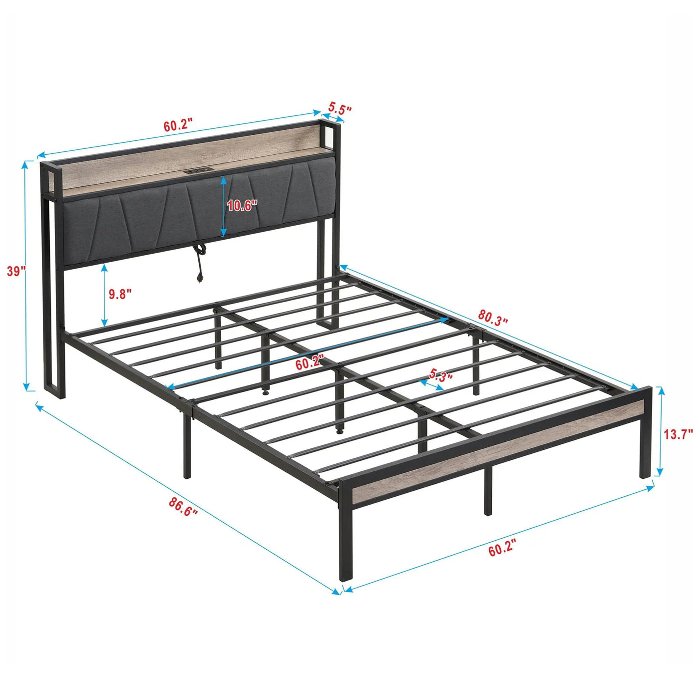 Modern Bed Frame With LED Lights, Upholstered Headboard, USB Charging by HouseOfZazla