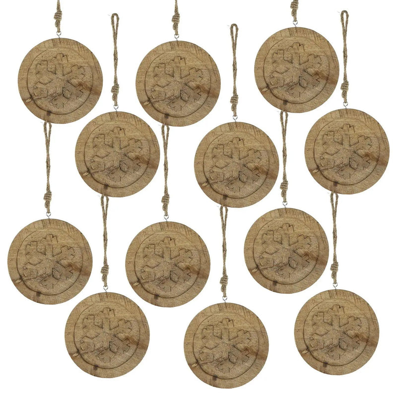 Wooden Hanging Circle With Snowflake Cut Decorative Hanging Christmas Tree Ornaments For Holiday Party Decorations (Set of 12) - Multi by Unique Piece Furniture