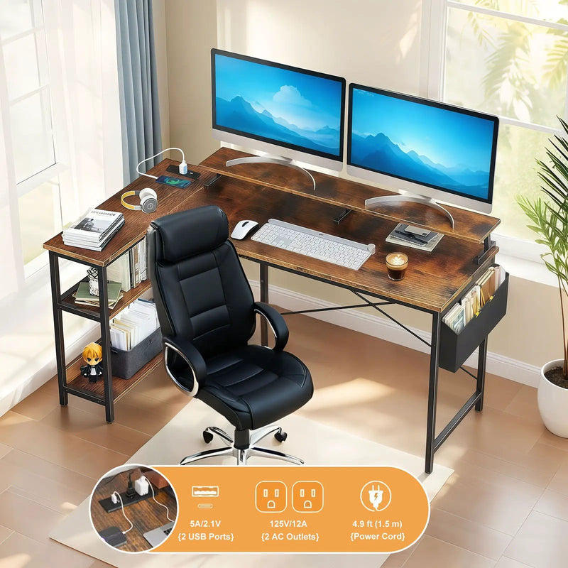 L-Shaped Gaming Desk With Power Outlets, Monitor Stand & Storage Shelves, Reversible Corner Workstation - Black / Brown by Unique Piece Furniture