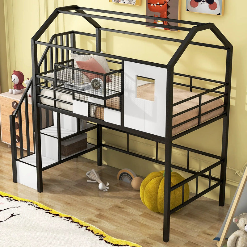 Metal Loft Bed With Roof Design And Storage Box With Guardrails And Integrated Ladder by Unique Piece Furniture