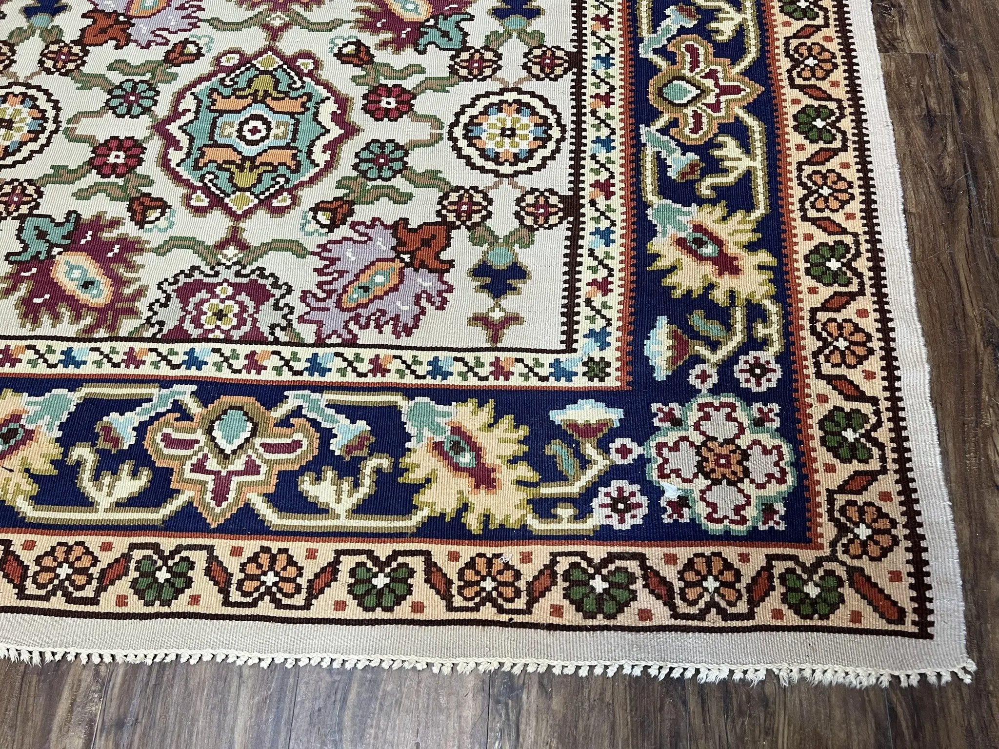 Antique Turkish Kilim Rug 7x10 Allover Pattern, Ivory Cream Maroon Light Blue, Wool Flatweave Hand Woven, Large Kilim, Vintage Kilim Carpet by Jewel Rugs