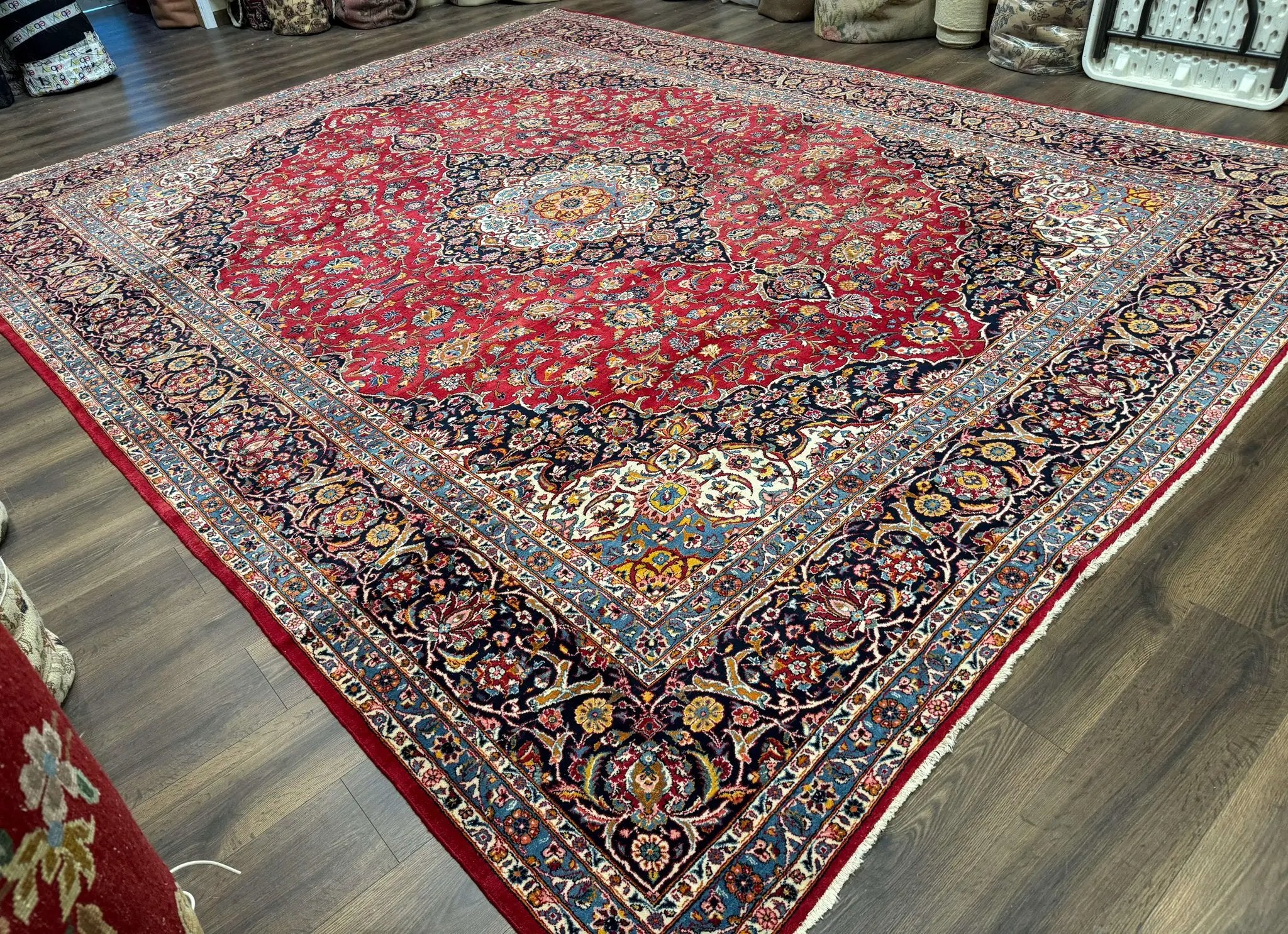 Large Persian Kashan Rug 11x14, Traditional Persian Carpet, Wool, Fine 250 KPSI, Red Navy Blue by Jewel Rugs
