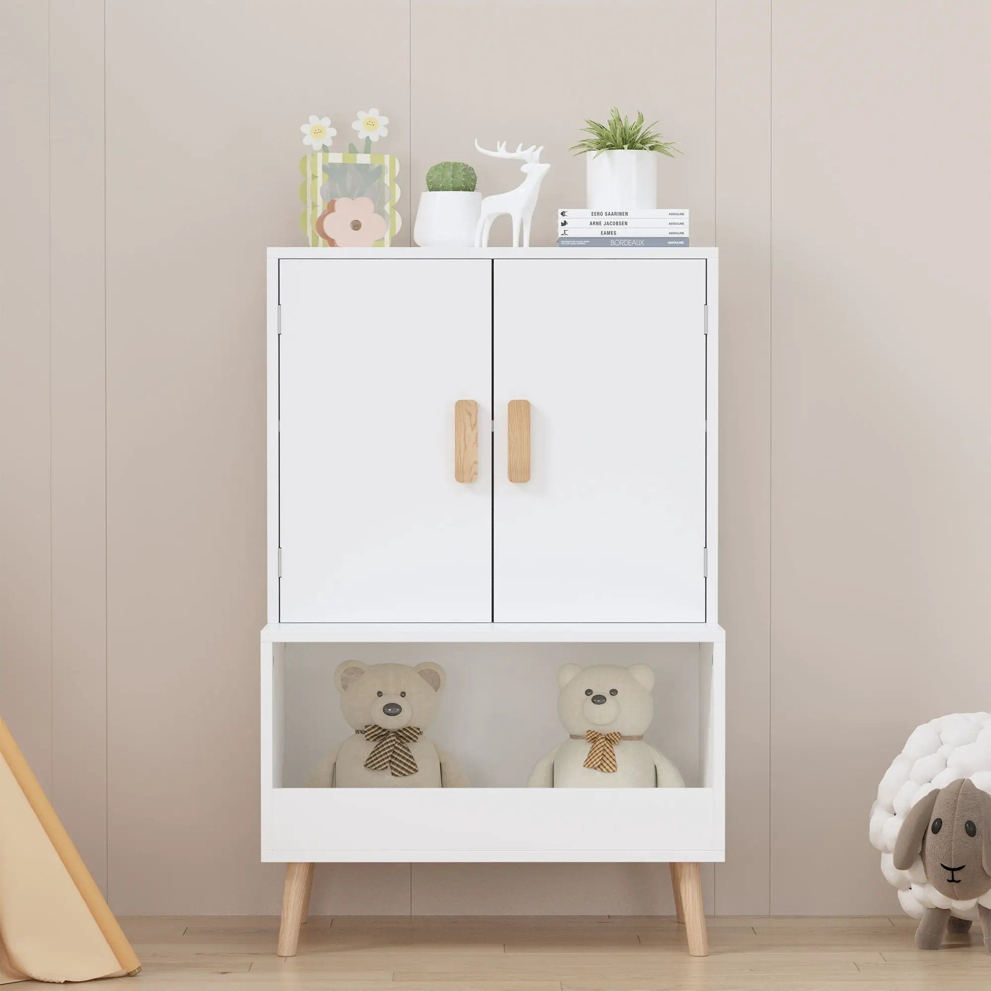 Toy Storage Cabinet With Doors And Open Shelf, Toddler Bookshelf For Playroom - White by Unique Piece Furniture