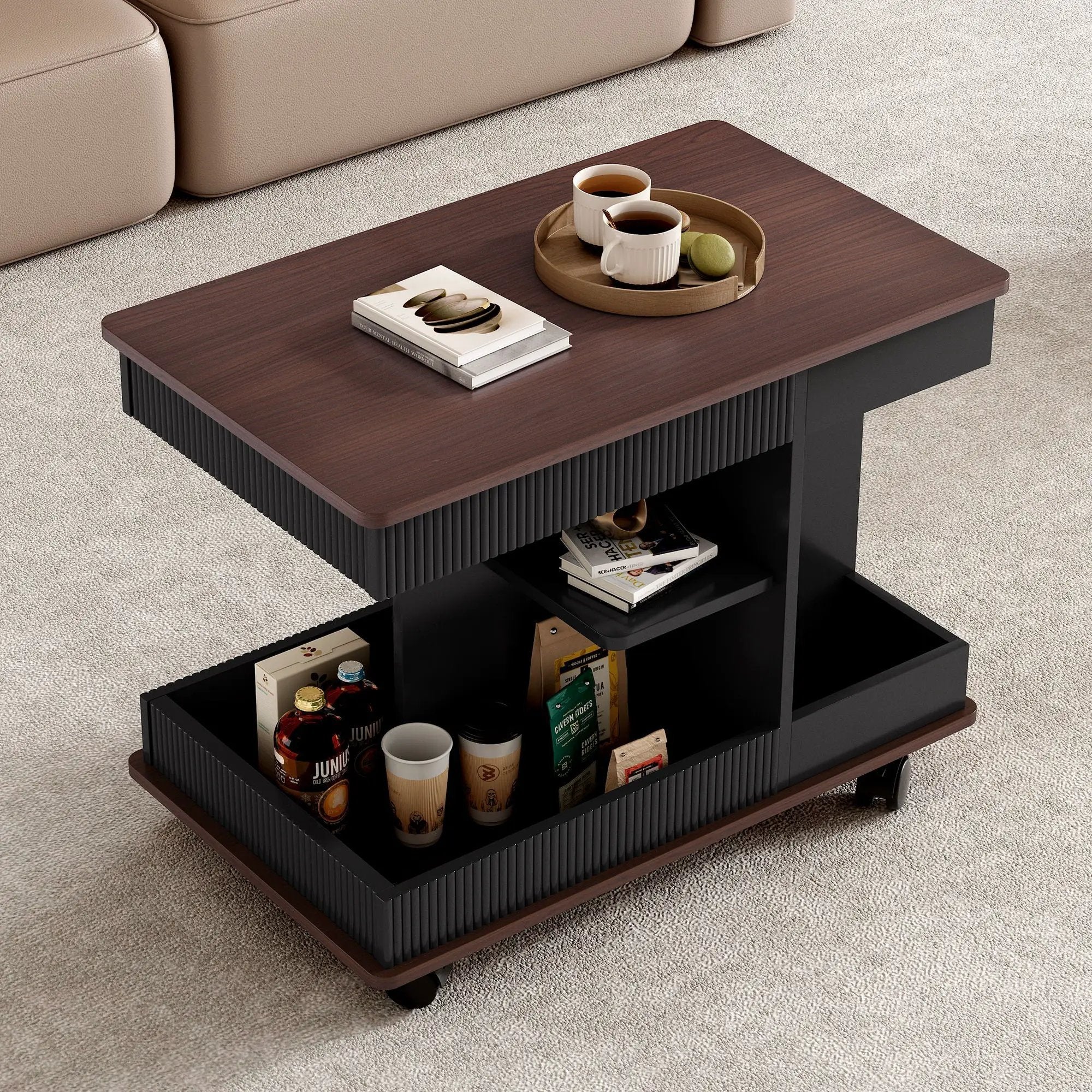 Adjustable End Table With Wheels, 360°Rotating Top And Storage Space by Unique Piece Furniture