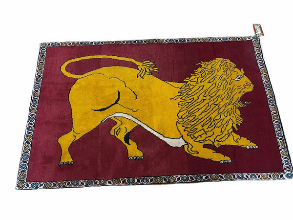 Persian Gabbeh Rug 3x4, Lion Pictorial, Red, photo 2 of 8