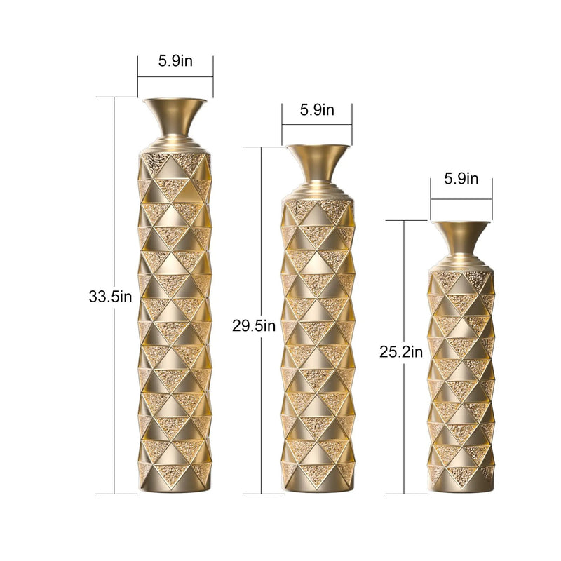 Metal Decorative Vase High Distress Metal Center Vase With 3D Triangle Pattern, (Set of 3) Vases For Home Decoration - Gold by Unique Piece Furniture