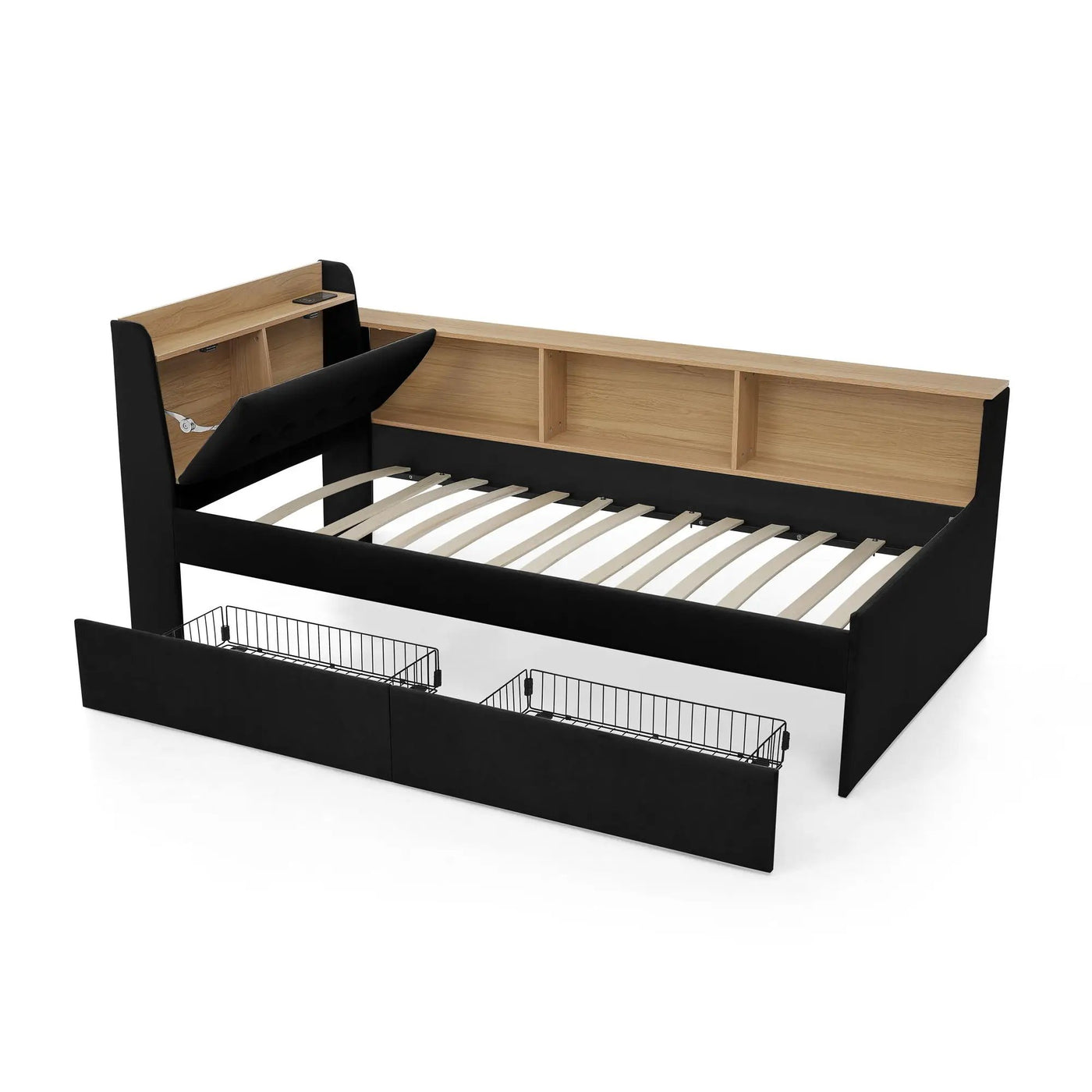 Upholstered Daybed With Storage Headboard, Wireless Charging, LED Lights by HouseOfZazla
