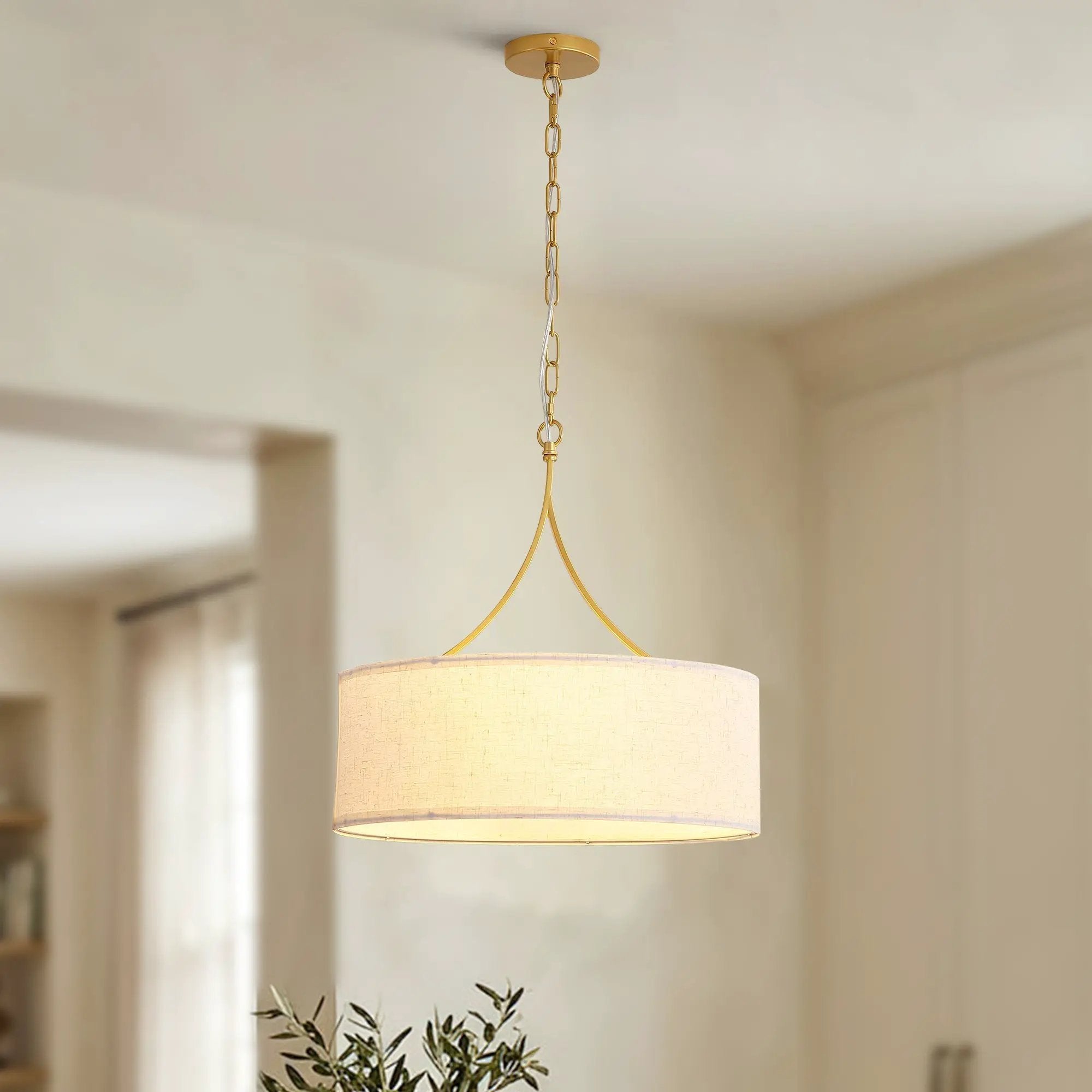 3-Light Gold Fabric Drum Pendant Light by HouseOfZazla