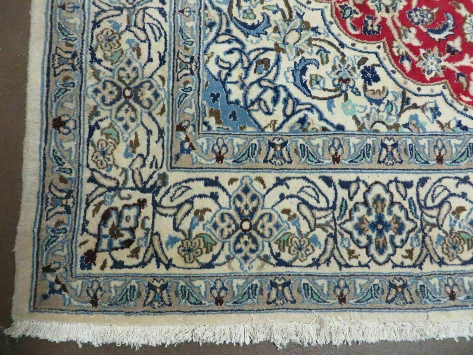 Square Persian Nain Rug 6'3" x 6' 8", Hand-Knotted, Wool with Silk Accents, Ivory Red Blue by Jewel Rugs