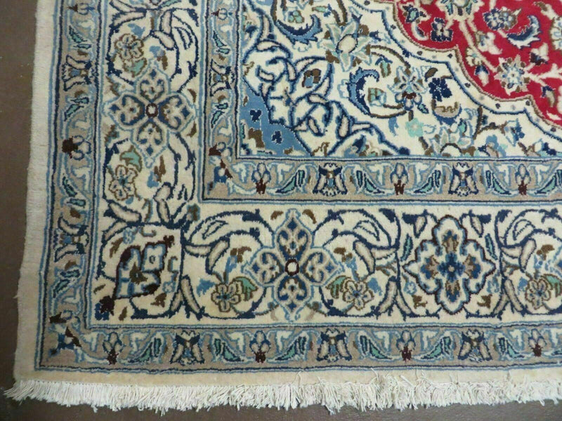 Square Persian Nain Rug 6'3" x 6' 8", Hand-Knotted, Wool with Silk Accents, Ivory Red Blue by Jewel Rugs