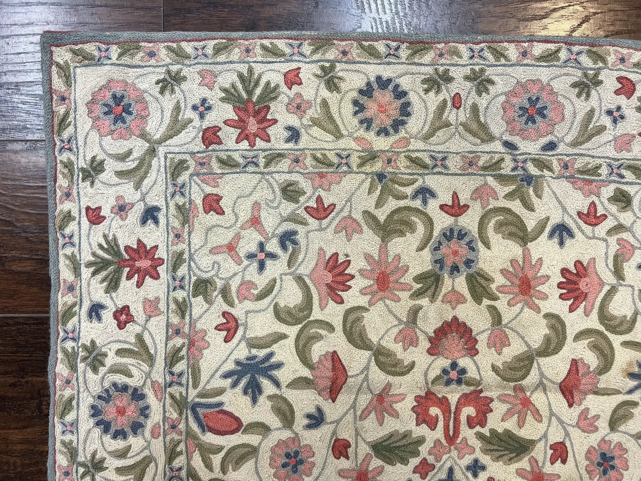 Hand Stitched Indian Rug 4x5, Floral, Vintage Hand Embroidered Rug by Jewel Rugs