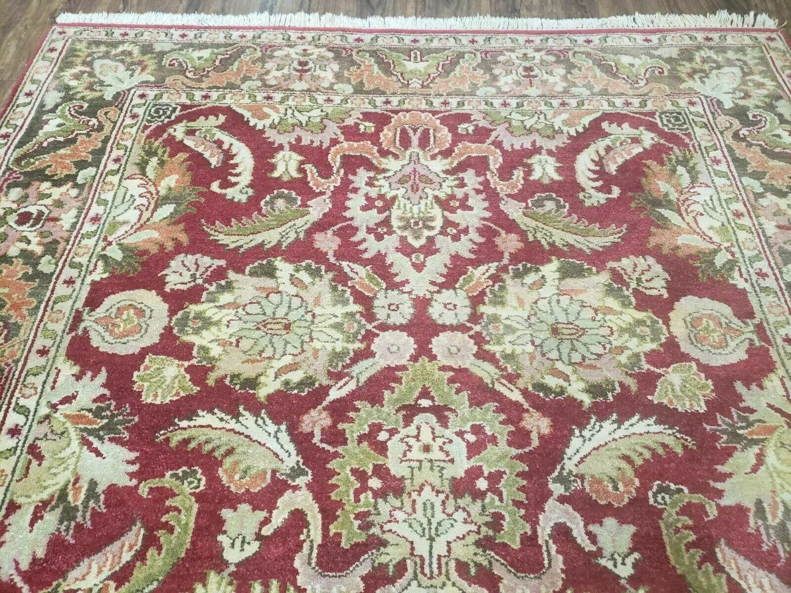Indo Persian Rug 6x9, Hand Knotted Vintage Indian Sultanabad Agra Wool Rug, Handmade Oriental Carpet 6 x 9, Red Large Floral Design by Jewel Rugs