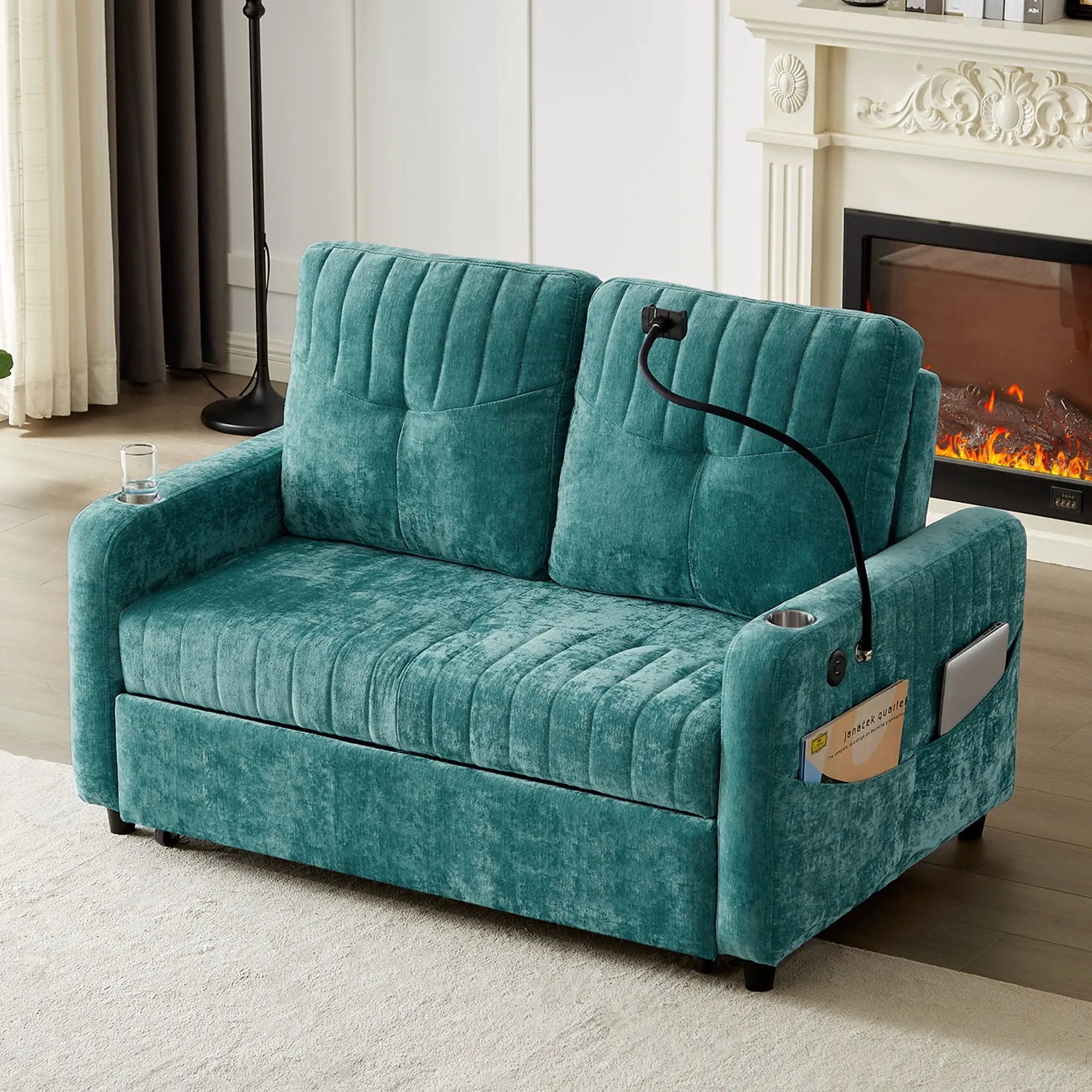 Modern Loveseat Pull Out Sofa Bed With Adjustable Backrest, Two Cup Holders, A Phone Holder, Three Charging Ports And Side Storage Pockets For Living Room by HouseOfZazla