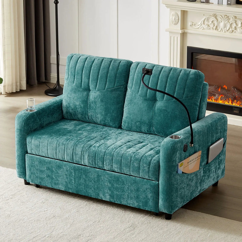 Modern Loveseat Pull Out Sofa Bed With Adjustable Backrest, Two Cup Holders, A Phone Holder, Three Charging Ports And Side Storage Pockets For Living Room by HouseOfZazla