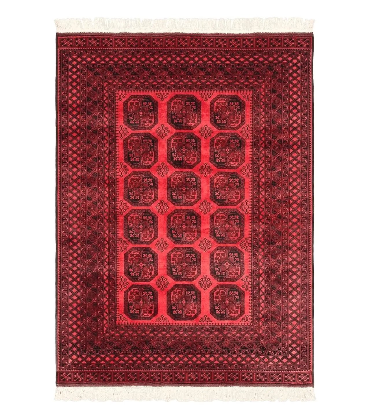 Afghan Turkoman Rug 7x10, Vintage Yamud Beshir Bokhara Carpet, Red and Black Bukhara Hand-Knotted Oriental Wool Handmade Rug, Elephant Foot by Jewel Rugs
