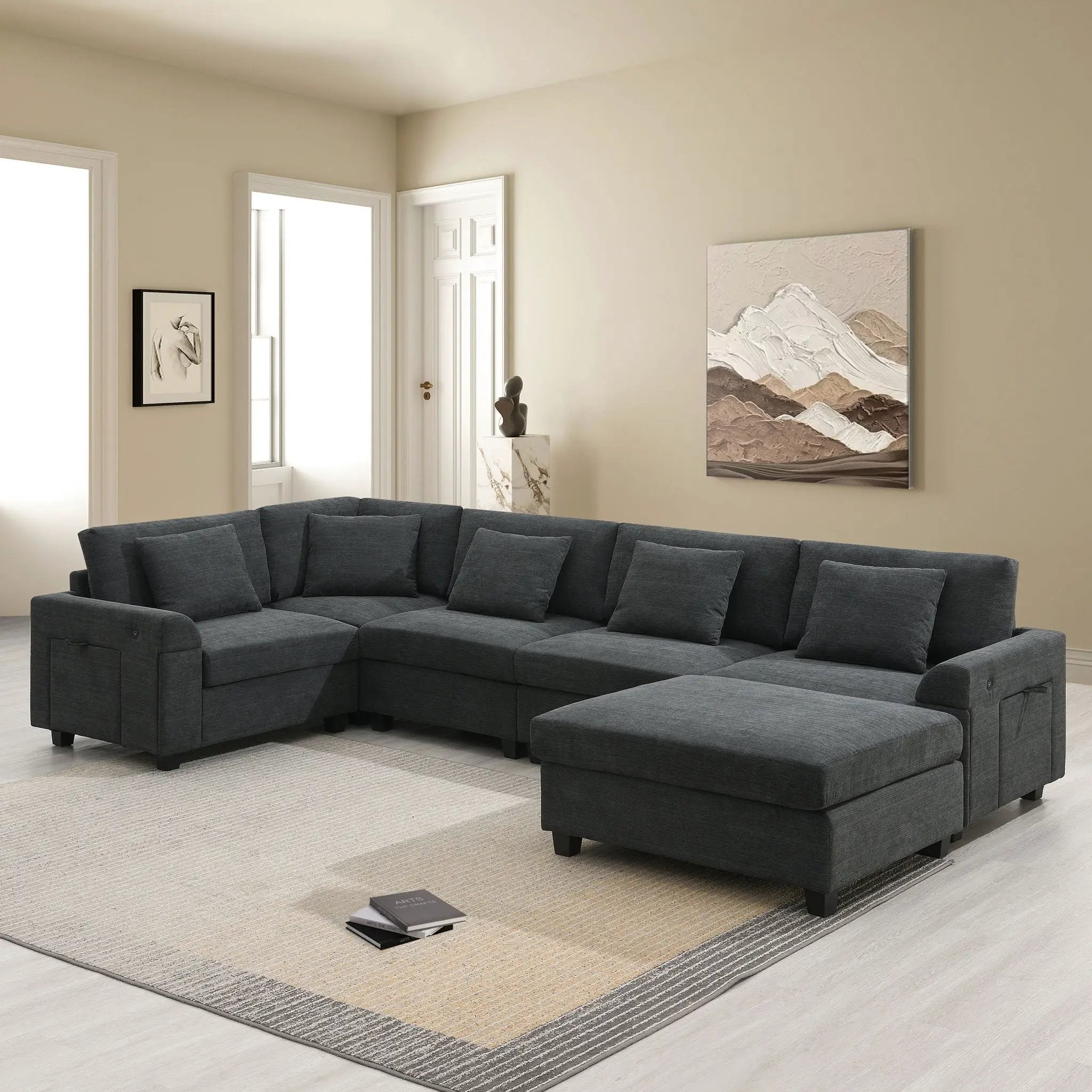 U Shaped Sectional Sofa 6 Seat Couch Set With Oversized Ottoman, Hidden Armrest Storage And Cup Holders USB Charging Ports Wide Seat Sofa by Unique Piece Furniture