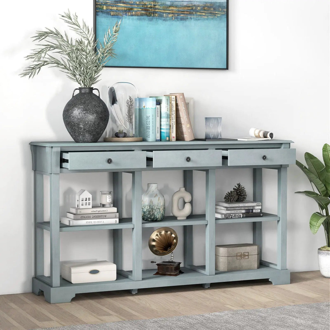 58 Inch Retro Console Table with 3 Drawers and Open Shelves Rectangular Entryway Table by DirectDeals