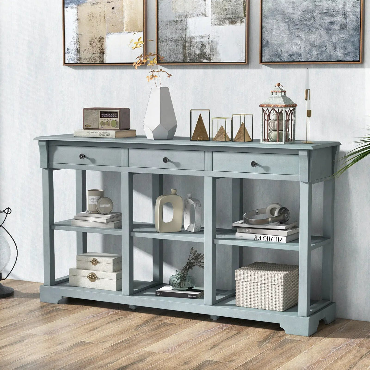 58 Inch Retro Console Table with 3 Drawers and Open Shelves Rectangular Entryway Table by DirectDeals