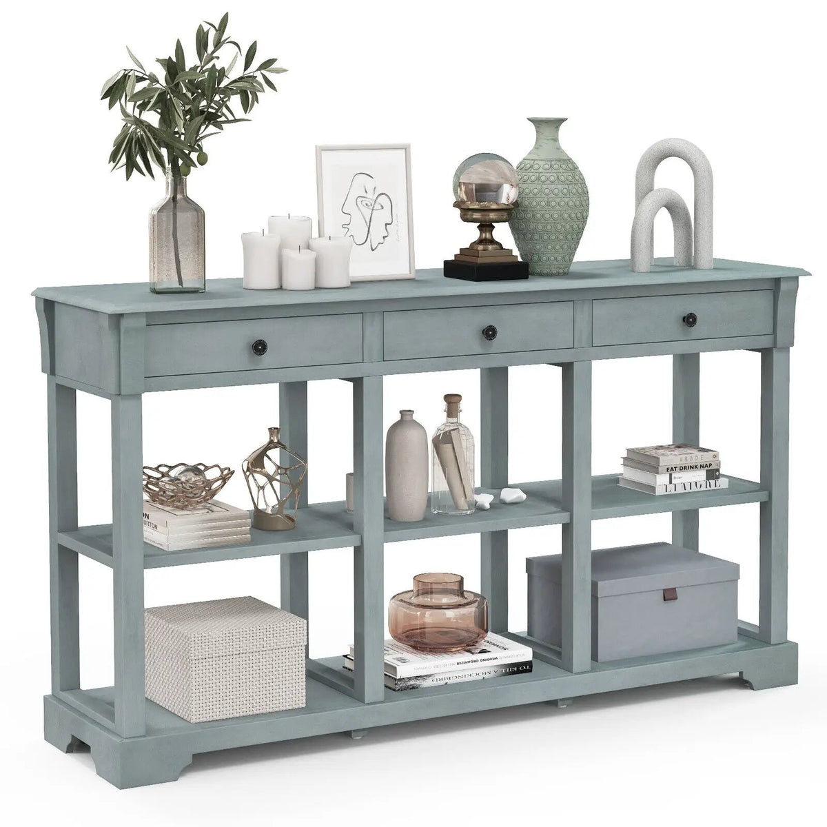 58 Inch Retro Console Table with 3 Drawers and Open Shelves Rectangular Entryway Table by DirectDeals