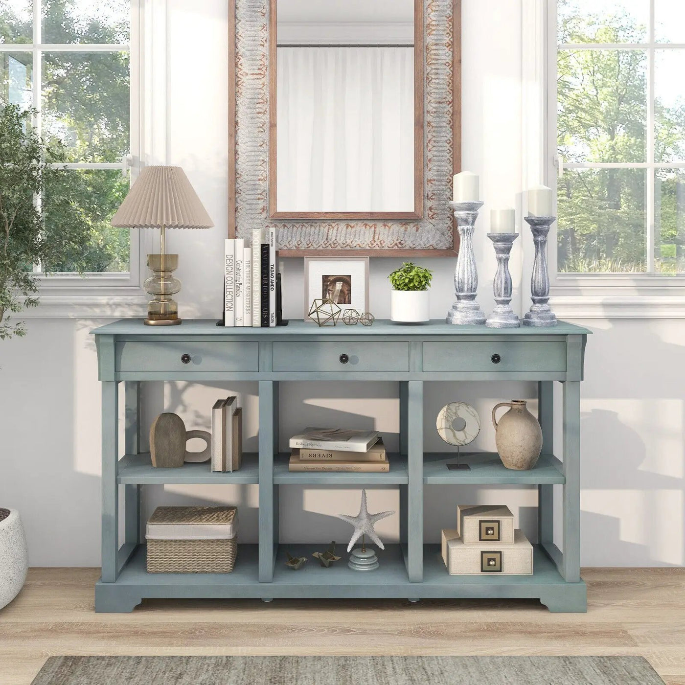 58 Inch Retro Console Table with 3 Drawers and Open Shelves Rectangular Entryway Table by DirectDeals