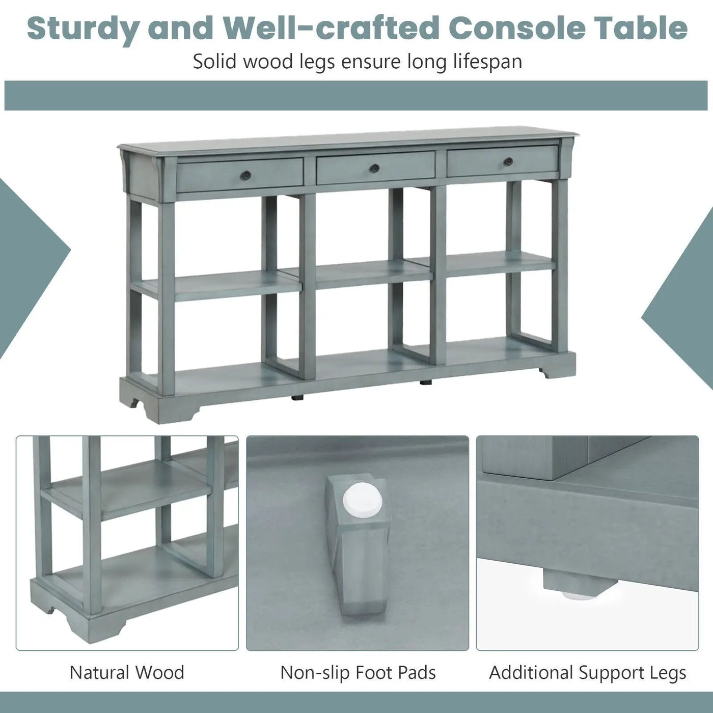 58 Inch Retro Console Table with 3 Drawers and Open Shelves Rectangular Entryway Table by DirectDeals