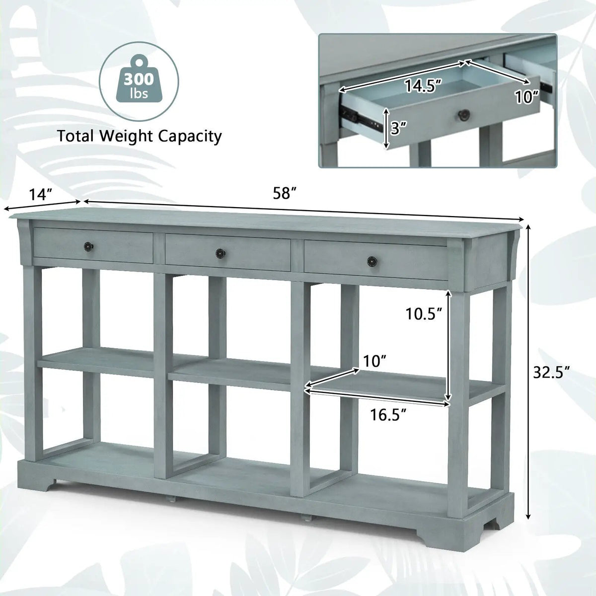 58 Inch Retro Console Table with 3 Drawers and Open Shelves Rectangular Entryway Table by DirectDeals