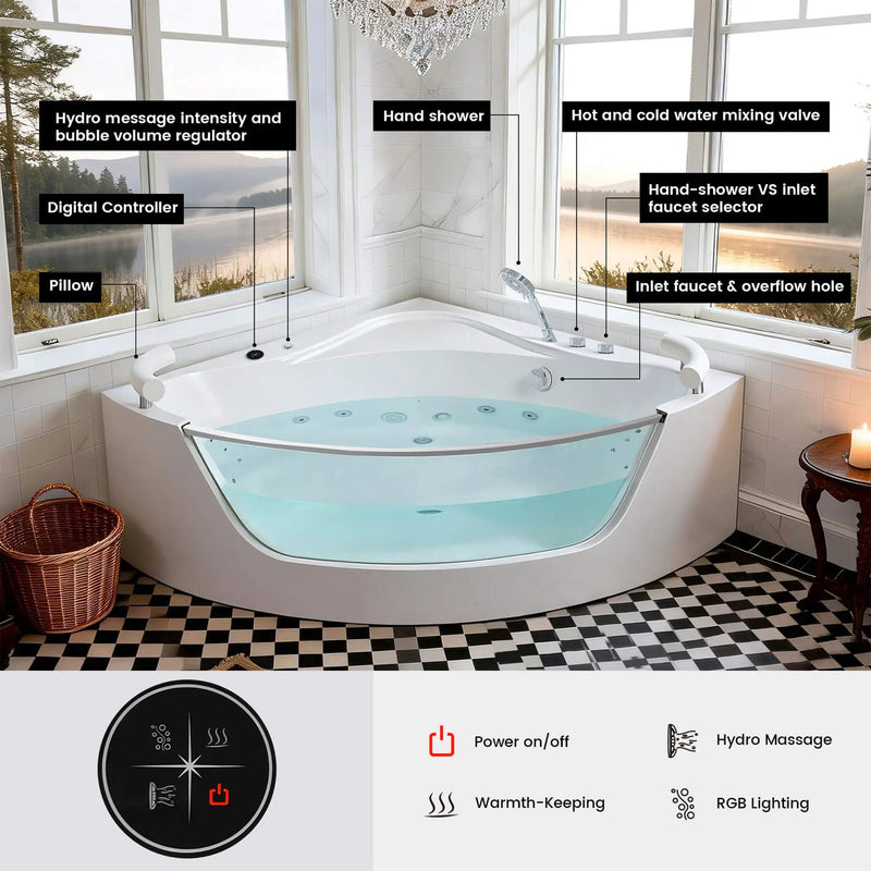Nuvia Serenity 59-Inch 2-Person Acrylic Corner Whirlpool 16-Jet Hydro Massage Bathtub With Heater Rainbow Light (SAK12058) by SAKSBY WHOLESALE
