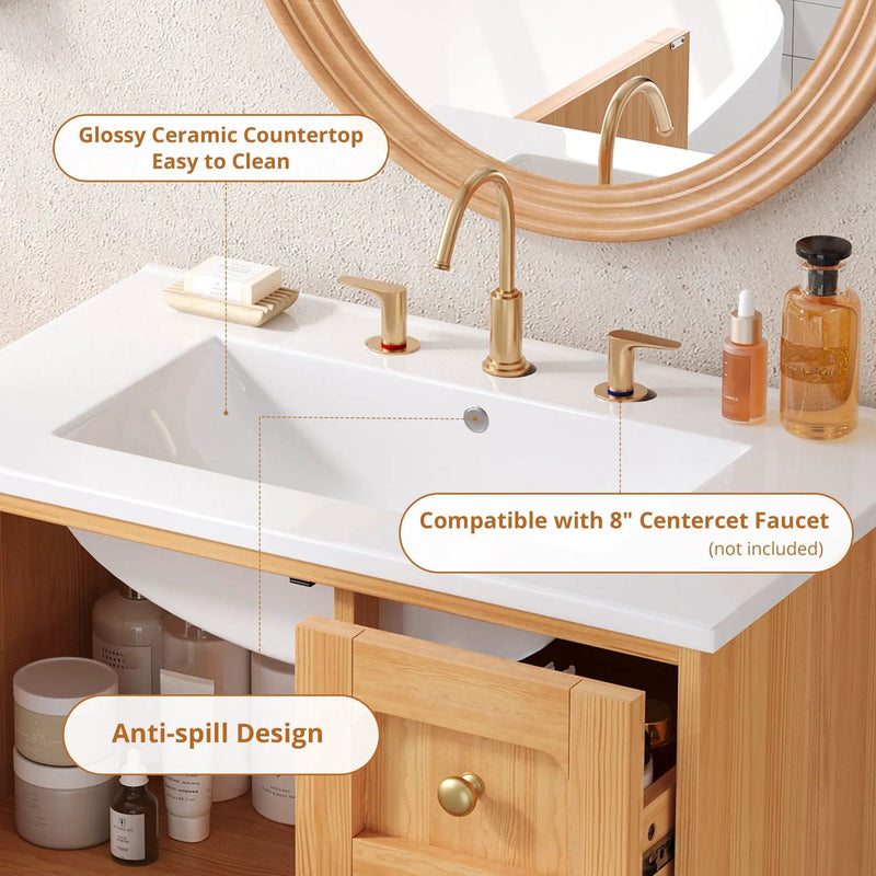 Bathroom Vanity With Sink, 3 Drawers, Soft Close Door - Natural Wood by HouseOfZazla