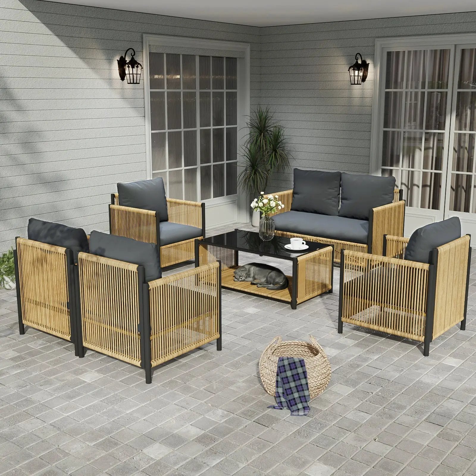 Patio 6-Piece Brown PE Wicker Sofa Set with Grey Cushions by HouseOfZazla
