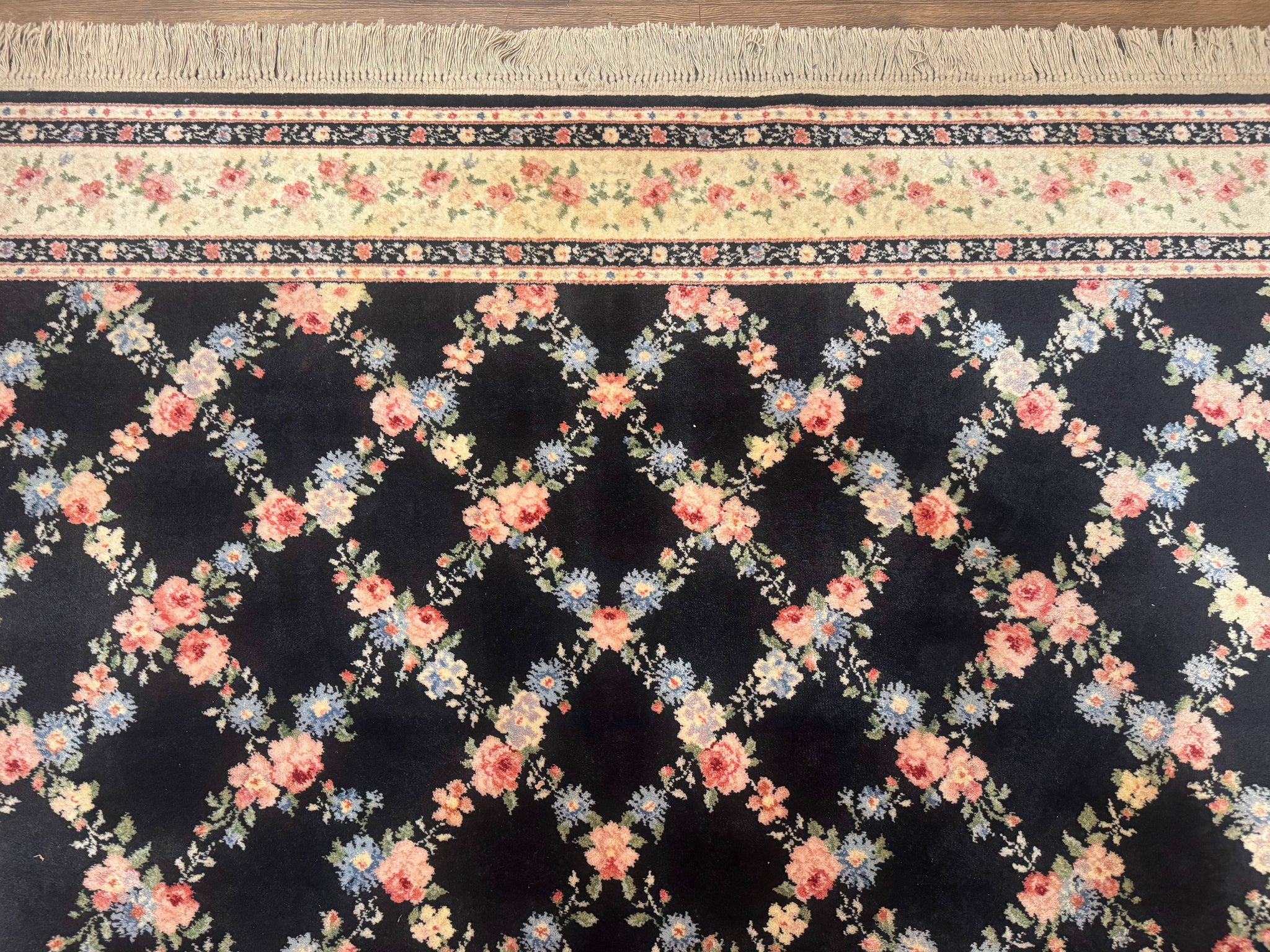 8.8 x 12 Karastan Garden of Eden Rug, Ebony Trellis #509/1270, Black, Floral, Wool Pile, Vintage, Discontinued by Jewel Rugs