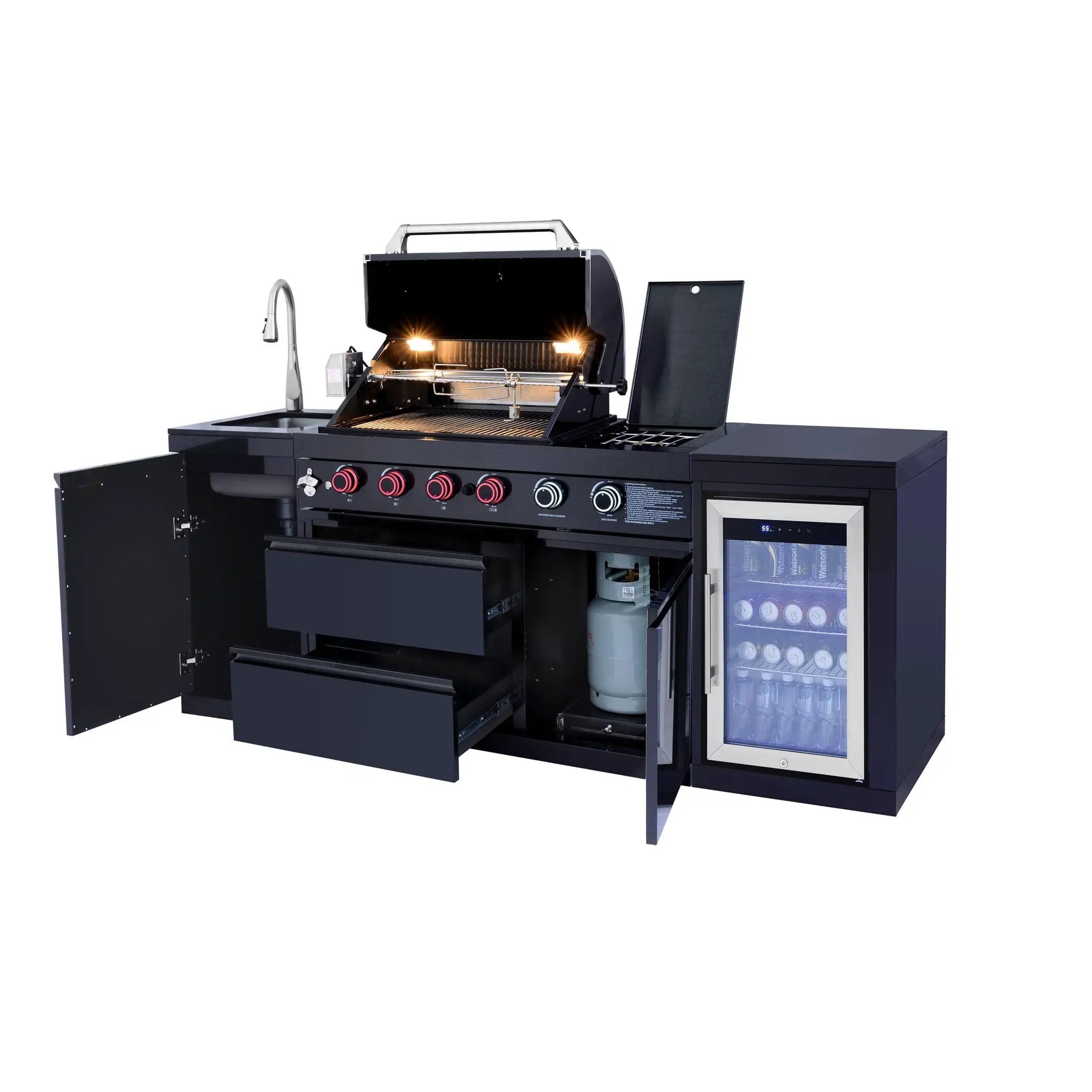 85.2" 4+1 Burner 71,500 BTU Black Outdoor Kitchen Island Grill+ Sink + Refrigerator by Chery Industrial
