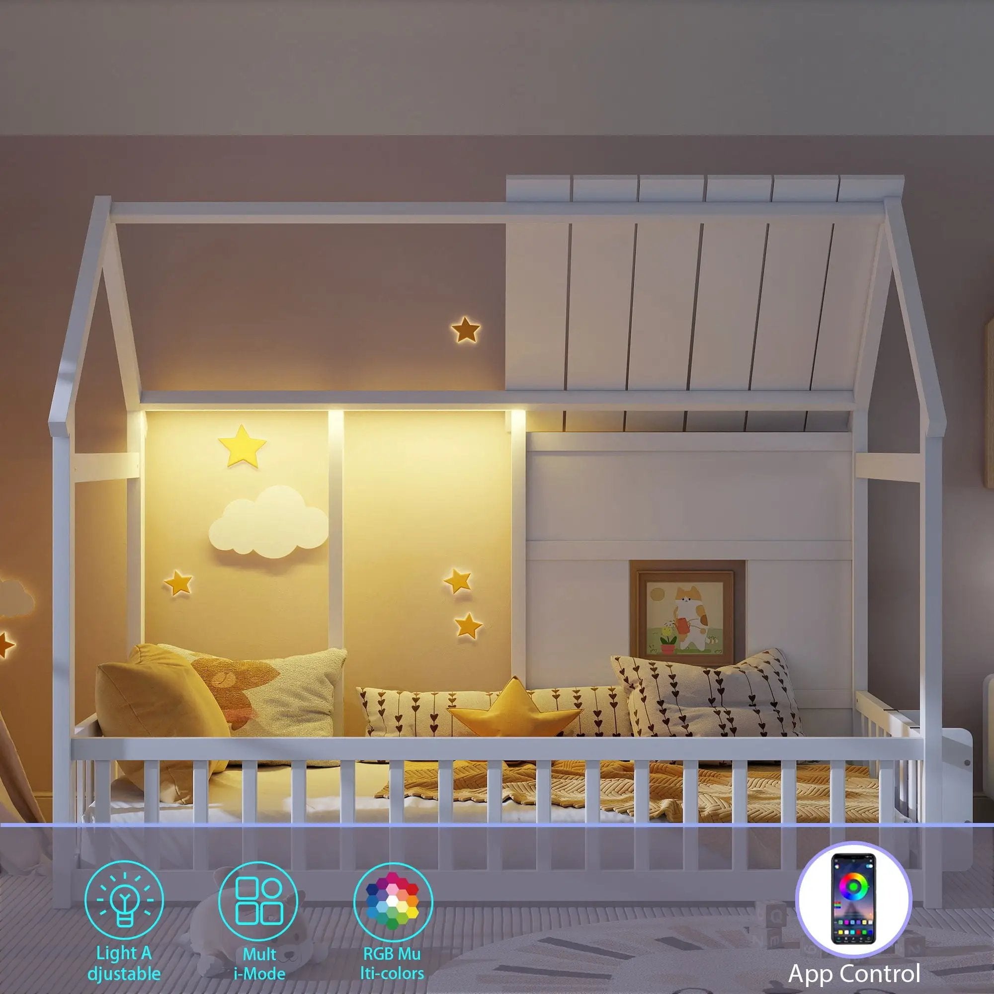 House Floor Bed With 7 Color LED Light, Built In Bookshelf by Unique Piece Furniture