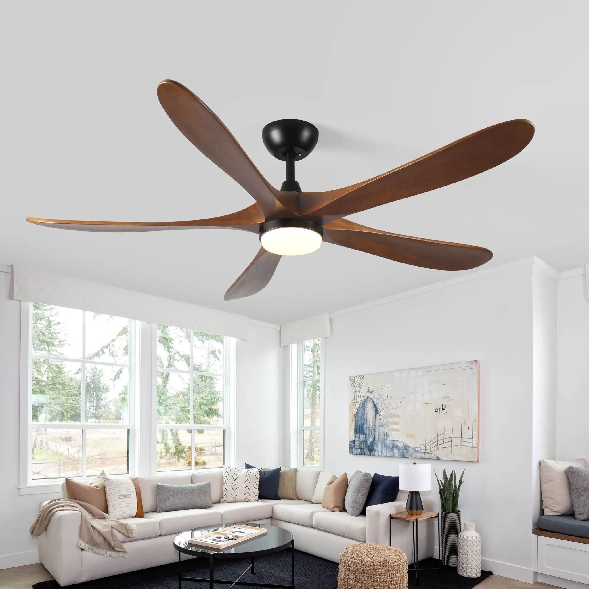 Solid Wood With Remote Control With Light (LED) Modern DC Motor Indoor / Outdoor 5 Blade Ceiling Fan For Patios, Bedrooms And Farmhouses - Antique Brown by Unique Piece Furniture