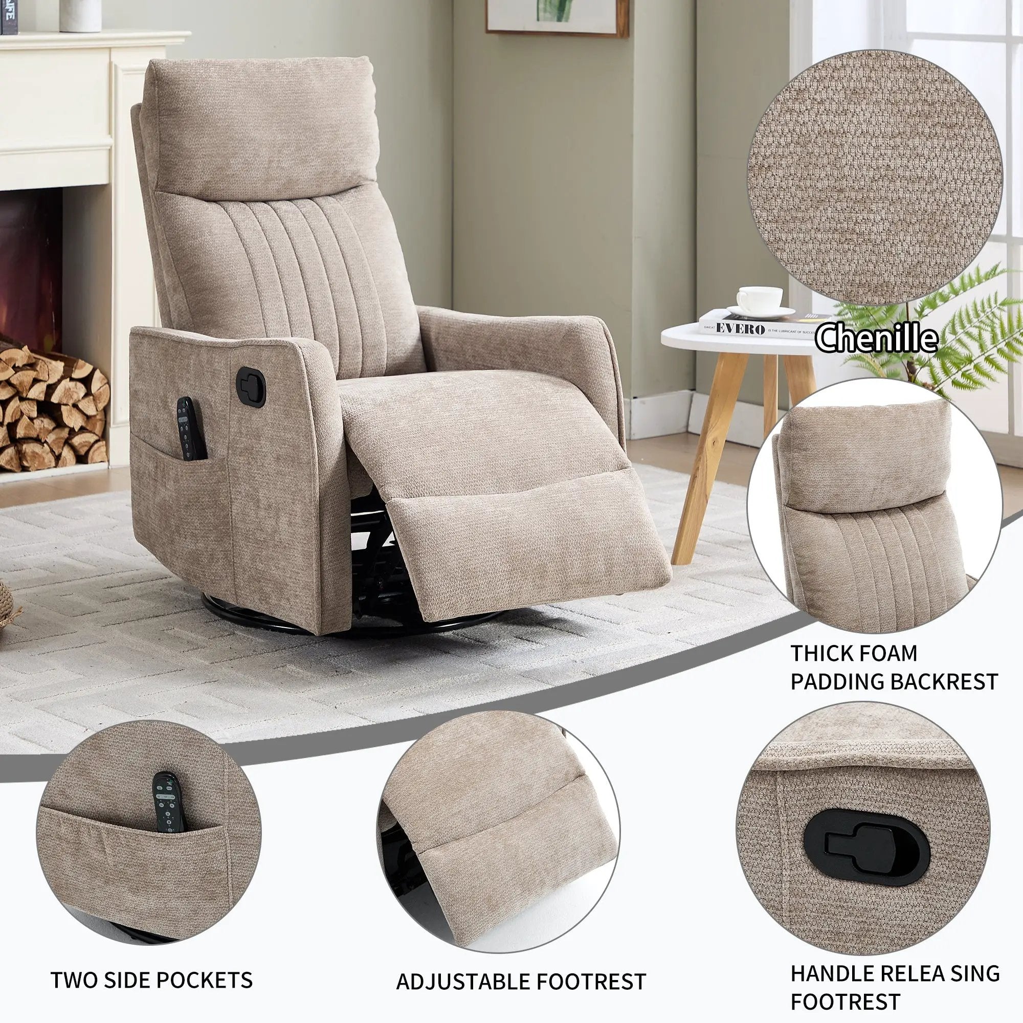 Khaki Heat Massage Manual Recliner Chair with Rocker and Swivel in Fabric for Living Room by HouseOfZazla
