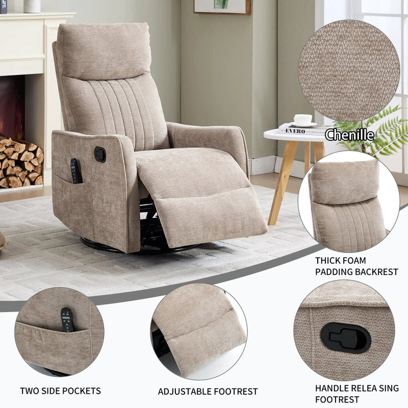 Khaki Heat Massage Manual Recliner Chair with Rocker and Swivel in Fabric for Living Room by HouseOfZazla