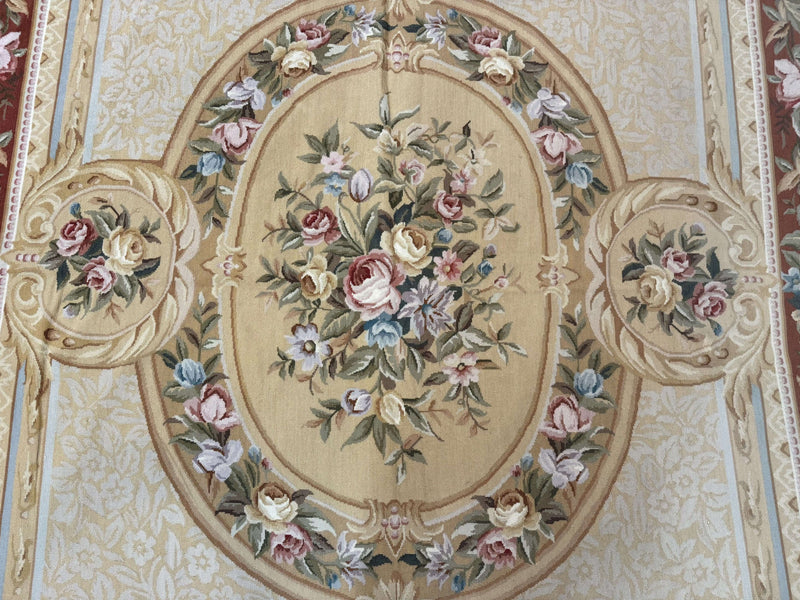 Needlepoint Rug 8x10, Aubusson Savonnerie European Carpet, Floral, Elegant by Jewel Rugs