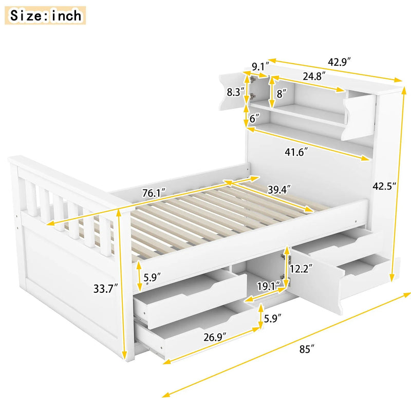 Captain Platform Bed Frame With Storage Bookcases, Shelves, And 4 Drawers by Unique Piece Furniture