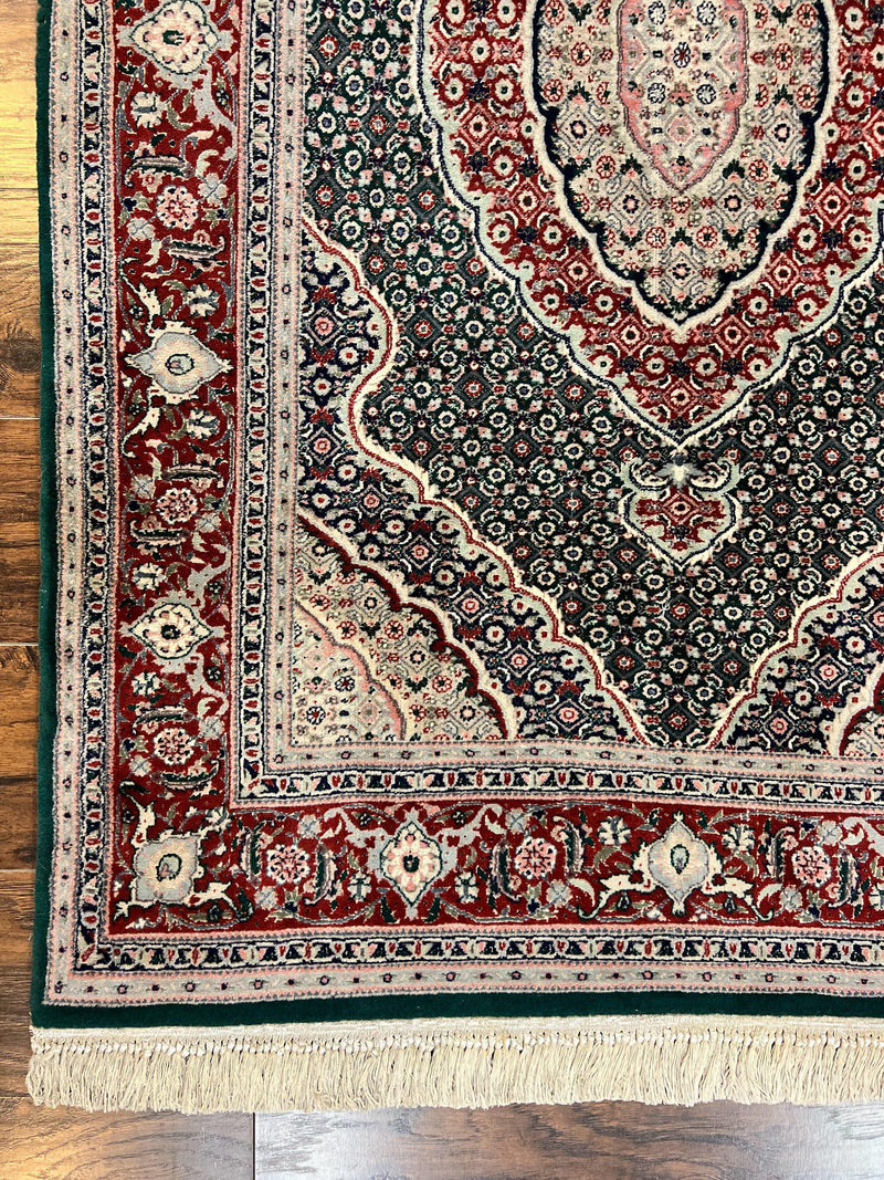 Sino Persian Rug 4x6, Wool with Silk Highlights, Fine Hand Knotted Carpet, Green & Maroon Red, Herati Medallion, Vintage Rug by Jewel Rugs