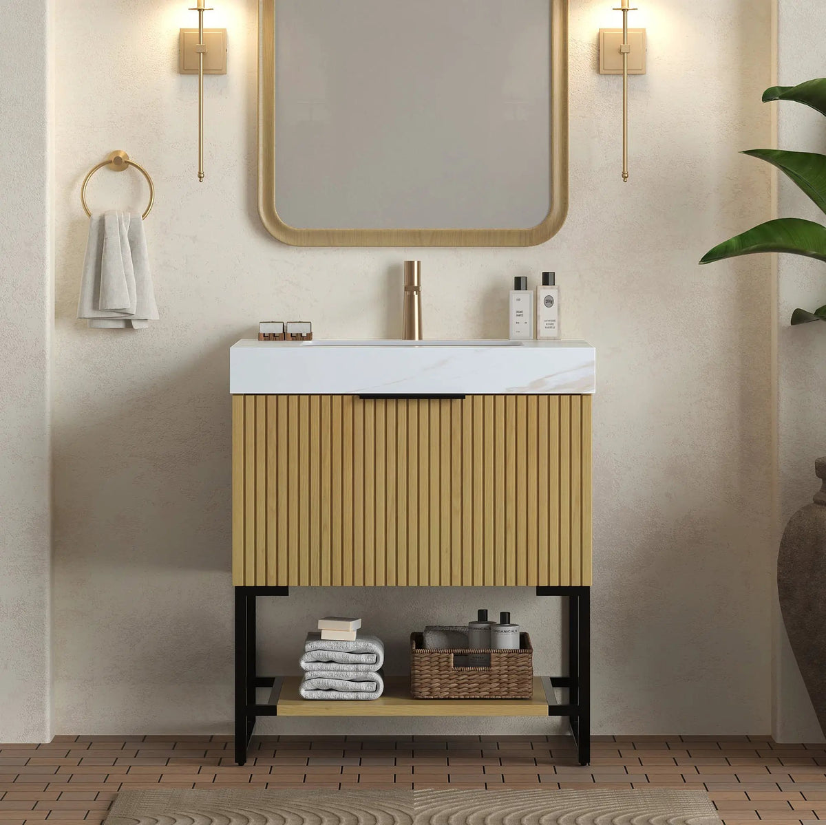 YOLAN 30" Bathroom Vanity & Sink, Freestanding Striped Plywood Storage Cabinet by HouseOfZazla