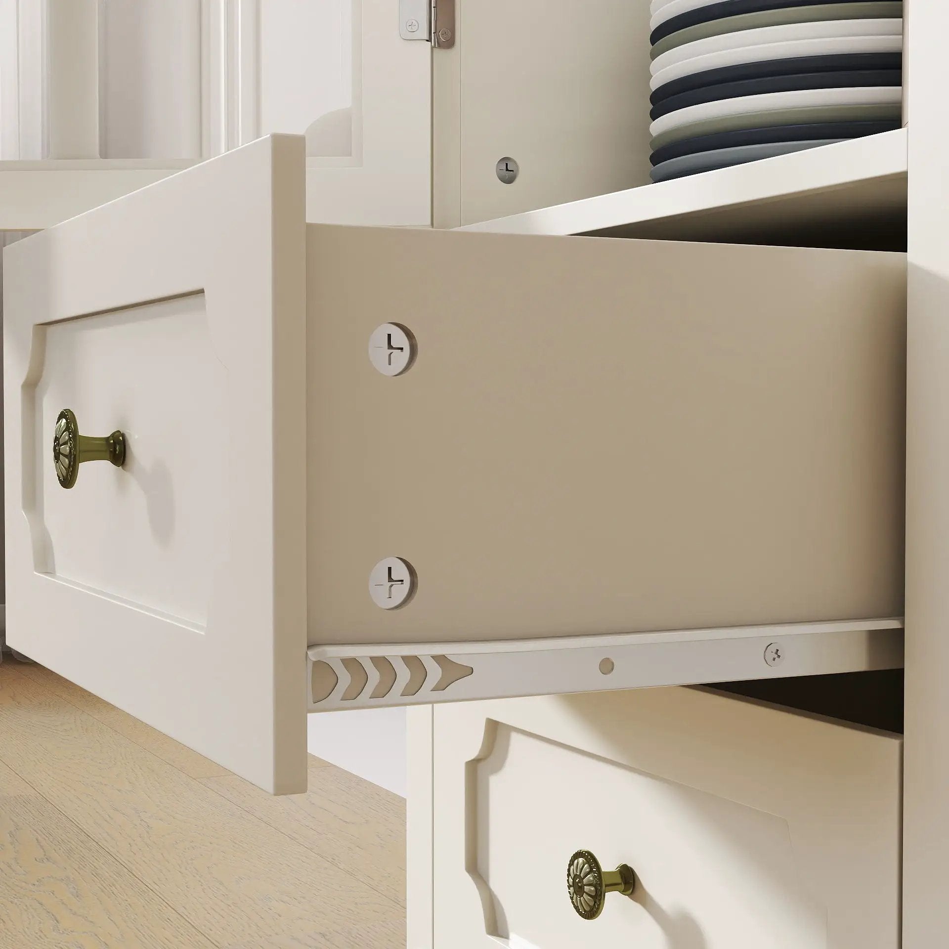 Minimalism Buffet Cabinet With Glass Doors And Double Drawer