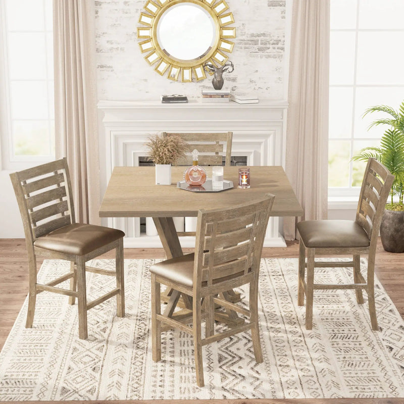 5 Pieces Set Counter Table Set Square Counter Table Solid Wood Modern Farmhouse Rustic Look Distressed Look - Grayish Brown by Unique Piece Furniture