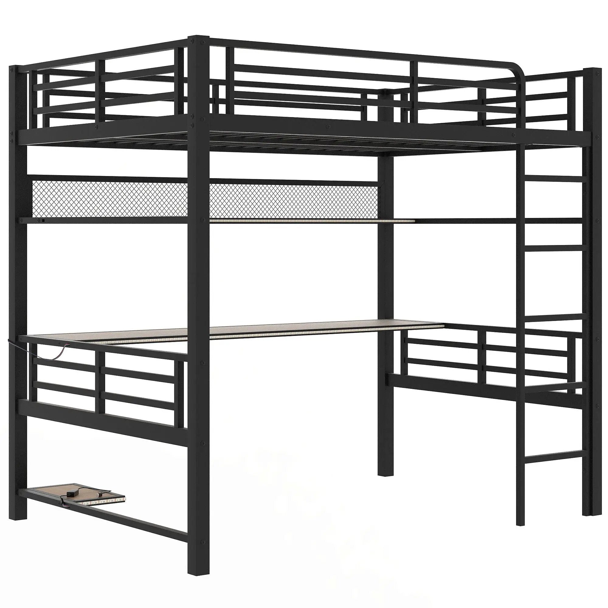 Full Size Loft Bed Frame With Storage Shelf And LED Light - Black by HouseOfZazla