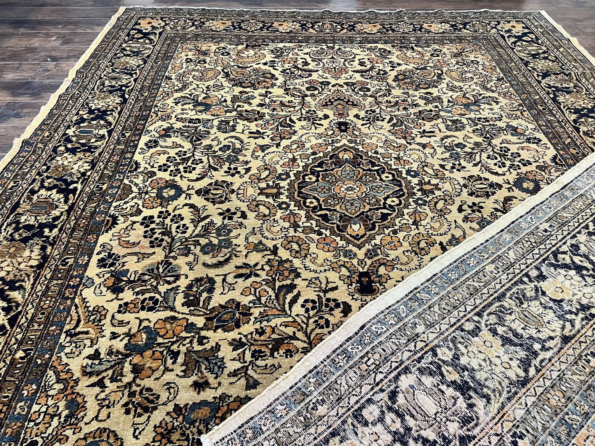 Antique Persian Rug 9x11, Wool Handmade 1920s Oriental Carpet, Persian Hamadan Anjelas Rug, Cream Black, Floral Allover Oriental Rug 9 x 11 Room Sized Rug by Jewel Rugs