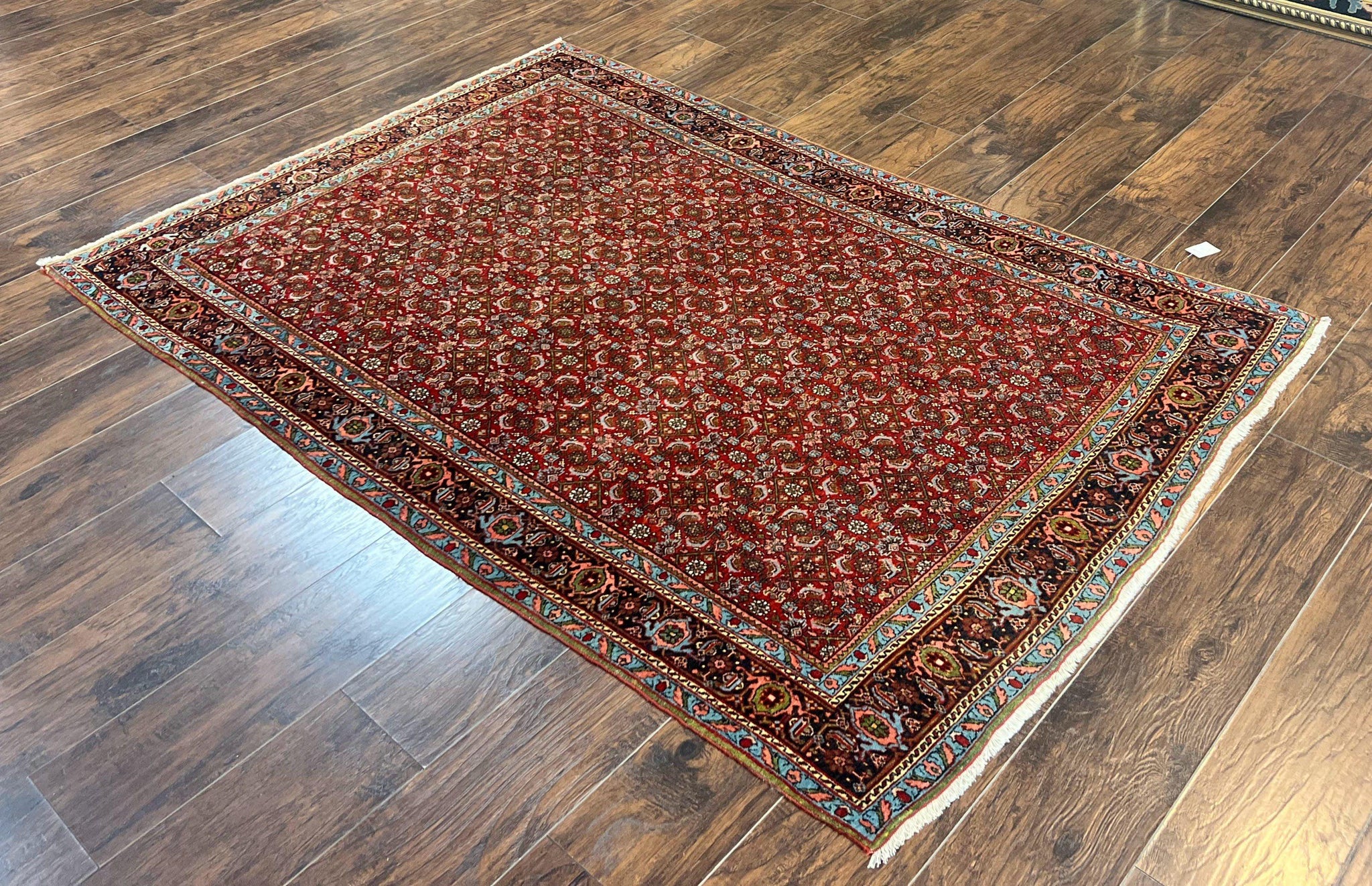 Antique Persian Bidjar Rug 5x7, Repeated Allover Herati Pattern, Red, Handmade Wool Carpet by Jewel Rugs