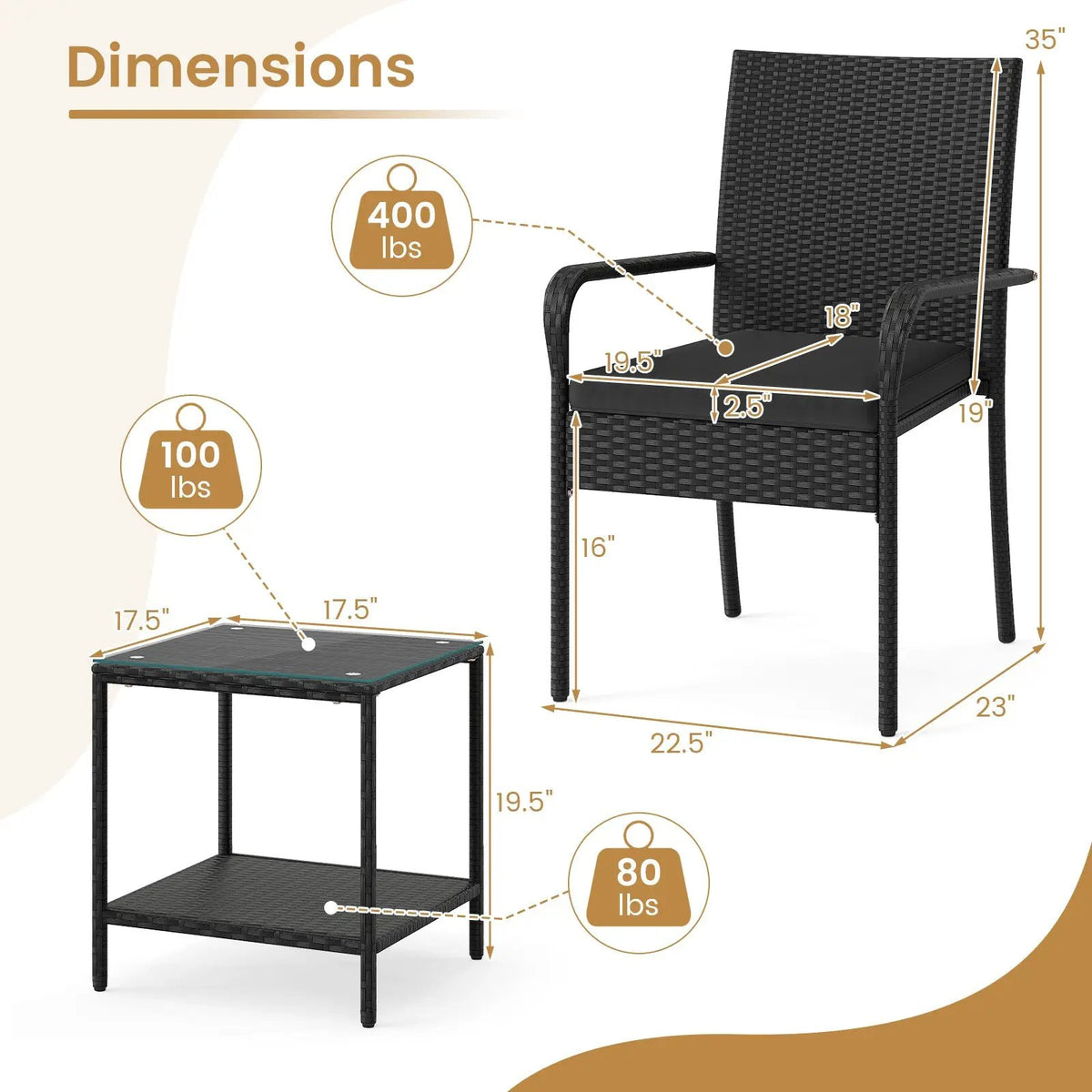 3 Piece Patio Furniture Set with Seat Cushions and Tempered Glass Tabletop, photo 14 of 24