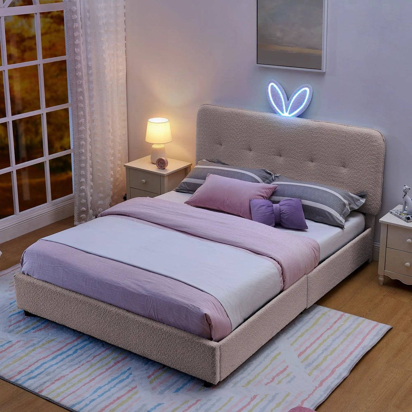 Upholstered Bed With Oversized Rabbit Ear Headboard, LED Lights & 4 Storage Drawers by Unique Piece Furniture