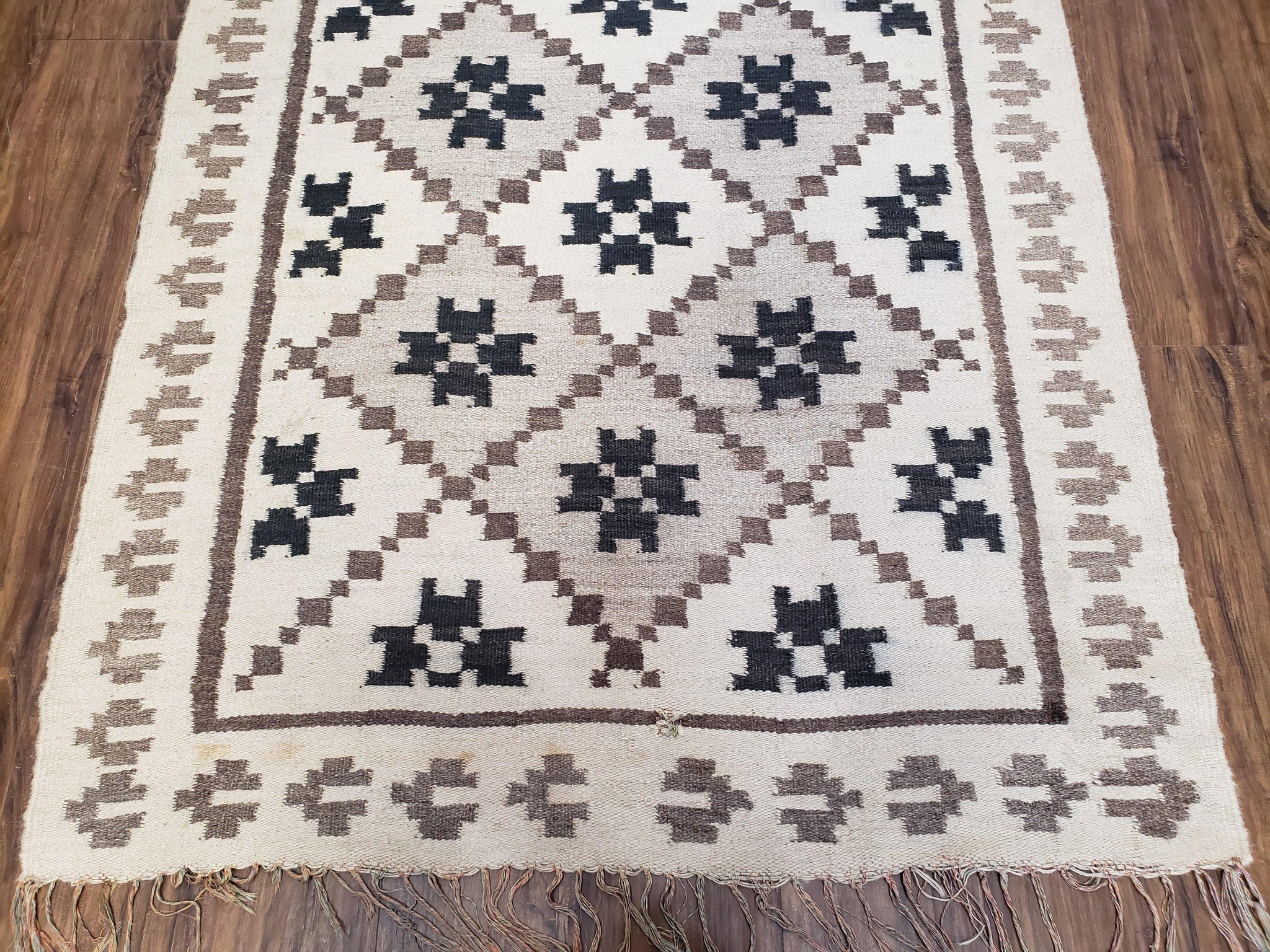 Semi Antique South American Blanket 4x8, Wool Hand-Woven Flatweave Kilim Rug, Handmade Antique Vintage Runner, Ivory & Blue, Diamond Panel by Jewel Rugs