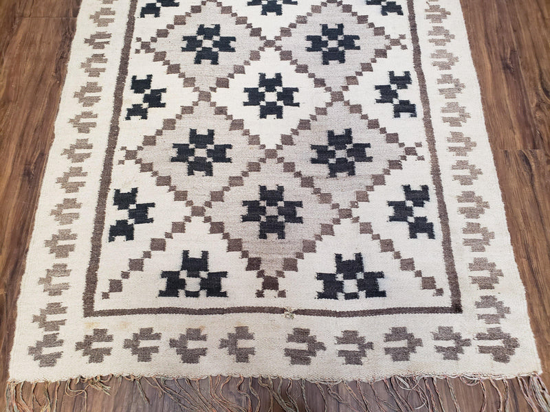Semi Antique South American Blanket 4x8, Wool Hand-Woven Flatweave Kilim Rug, Handmade Antique Vintage Runner, Ivory & Blue, Diamond Panel by Jewel Rugs
